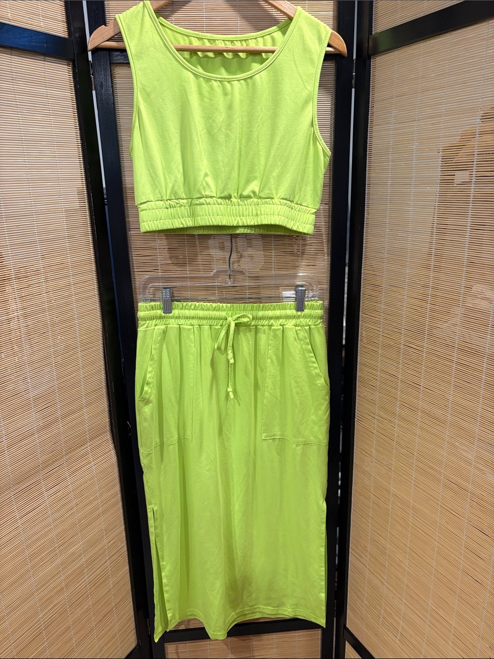 Neon Lime Two-Piece Crop Top & Skirt Set